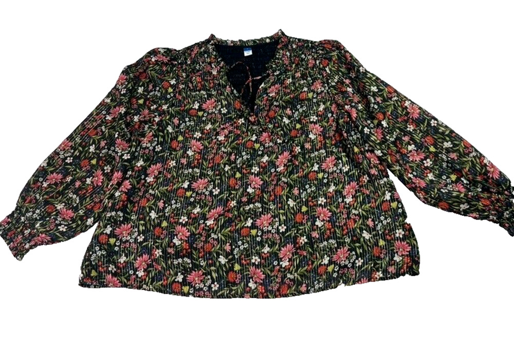 Old Navy Blouse Womens L Smocked Floral Shine Peasant Black Smocked Chiffon